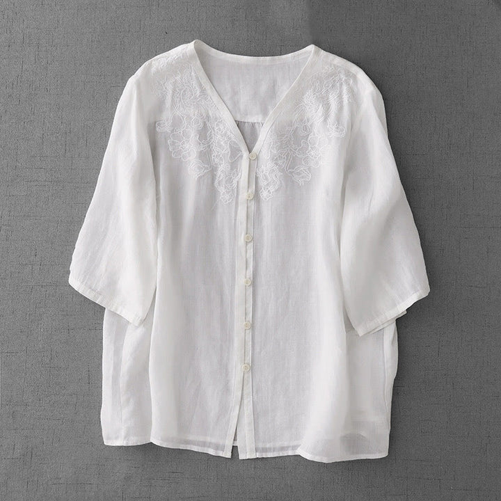 Buddha Stones Artistic Pure Color Embroidered Front Button Design Women's Cotton Half Sleeve Shirt Cardigan - White - US12，UK/AU16，EU44 (2XL) - image 11