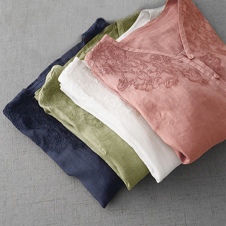 Buddha Stones Artistic Pure Color Embroidered Front Button Design Women's Cotton Half Sleeve Shirt Cardigan - image 31