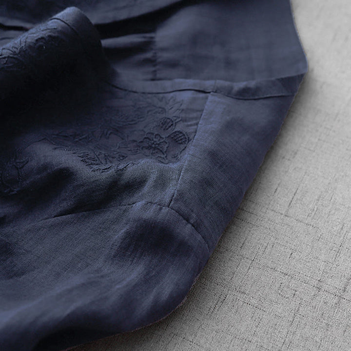 Buddha Stones Artistic Pure Color Embroidered Front Button Design Women's Cotton Half Sleeve Shirt Cardigan - image 25