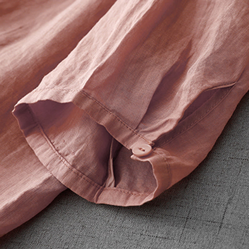 Buddha Stones Artistic Pure Color Embroidered Front Button Design Women's Cotton Half Sleeve Shirt Cardigan - image 5