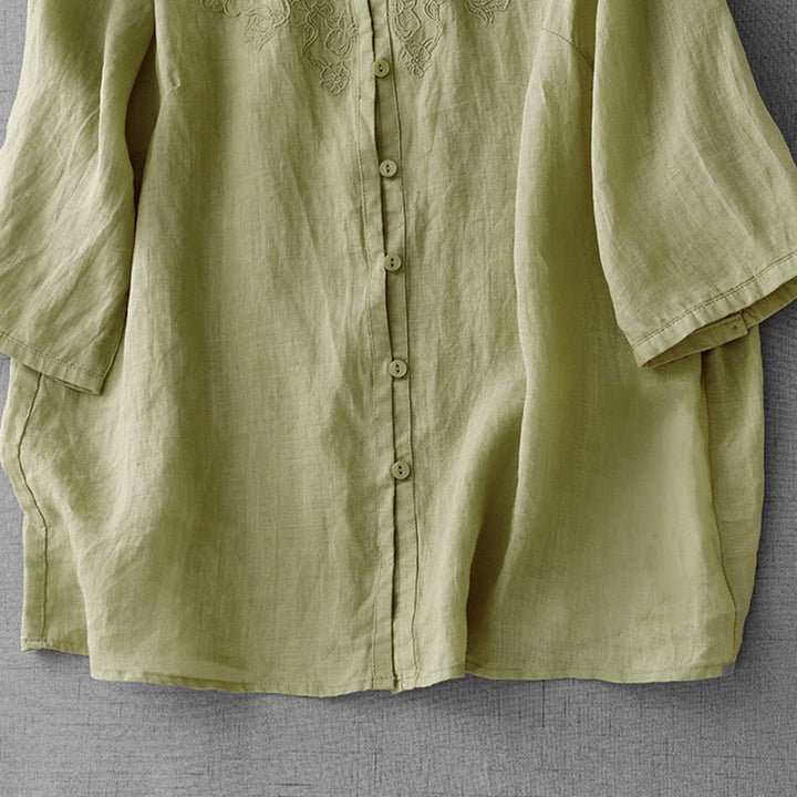 Buddha Stones Artistic Pure Color Embroiderd Front Button Design Women's Cotton Half Sleeve Shirt Cardigan - image 18