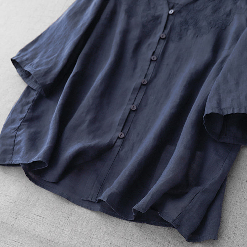 Buddha Stones Artistic Pure Color Embroidered Front Button Design Women's Cotton Half Sleeve Shirt Cardigan - image 24