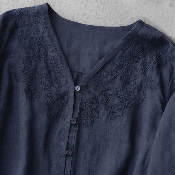 Buddha Stones Artistic Pure Color Embroidered Front Button Design Women's Cotton Half Sleeve Shirt Cardigan - image 27