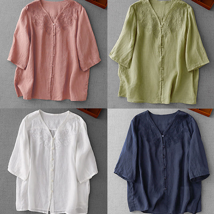 Buddha Stones Artistic Pure Color Embroidered Front Button Design Women's Cotton Half Sleeve Shirt Cardigan - image 28