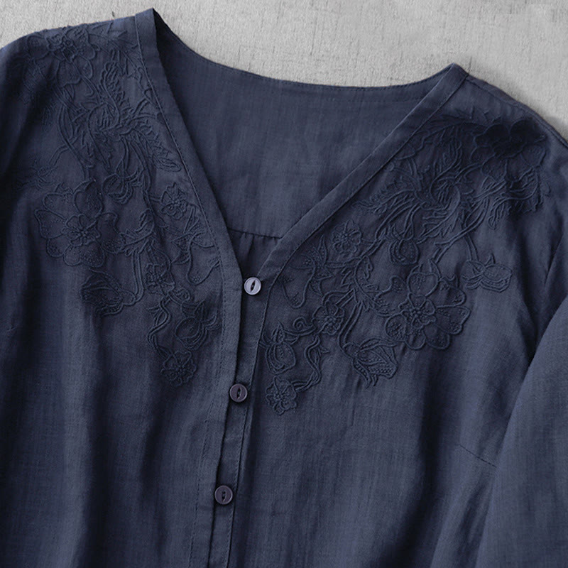 Buddha Stones Artistic Pure Color Embroiderd Front Button Design Women's Cotton Half Sleeve Shirt Cardigan - image 27