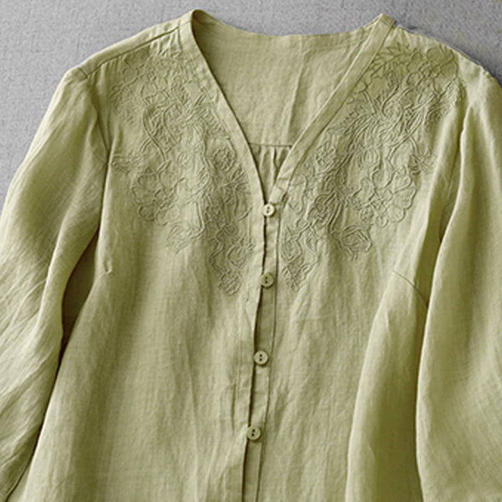 Buddha Stones Artistic Pure Color Embroidered Front Button Design Women's Cotton Half Sleeve Shirt Cardigan - image 17