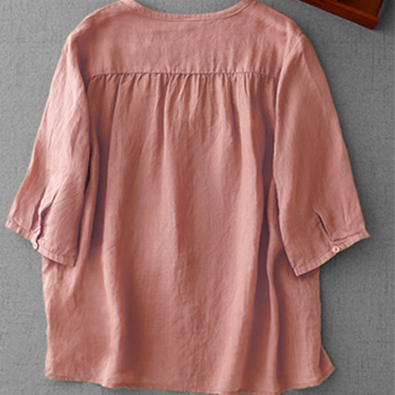 Buddha Stones Artistic Pure Color Embroidered Front Button Design Women's Cotton Half Sleeve Shirt Cardigan - image 1