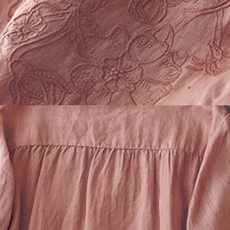 Buddha Stones Artistic Pure Color Embroidered Front Button Design Women's Cotton Half Sleeve Shirt Cardigan - image 9