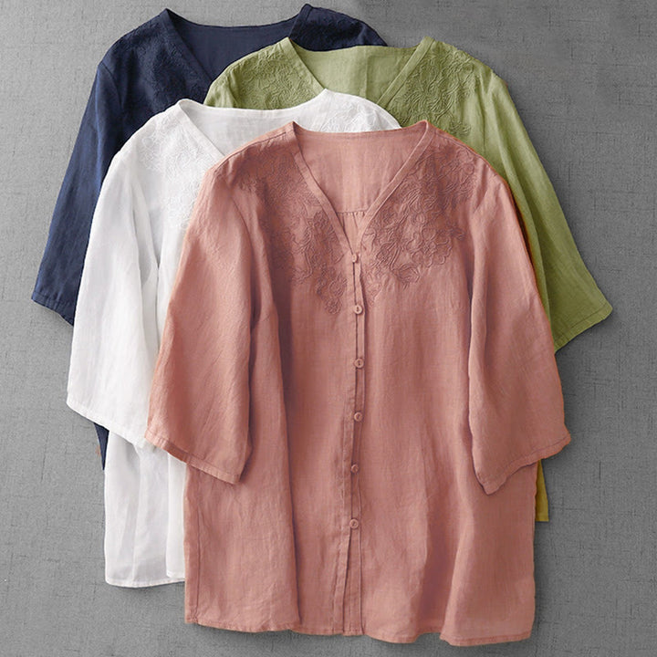 Buddha Stones Artistic Pure Color Embroidered Front Button Design Women's Cotton Half Sleeve Shirt Cardigan - image 29