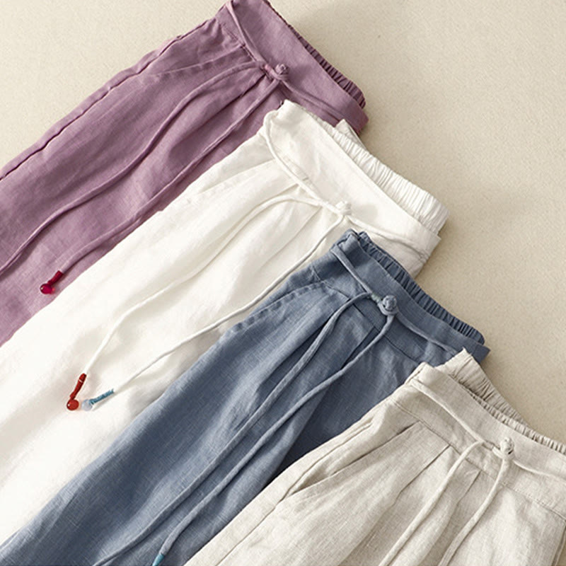 Buddha Stones Spring Casual Solid Color Drawstring Design  Women's Cotton Linen 7-8 Length Wide Leg Pants With Pockets - image 19