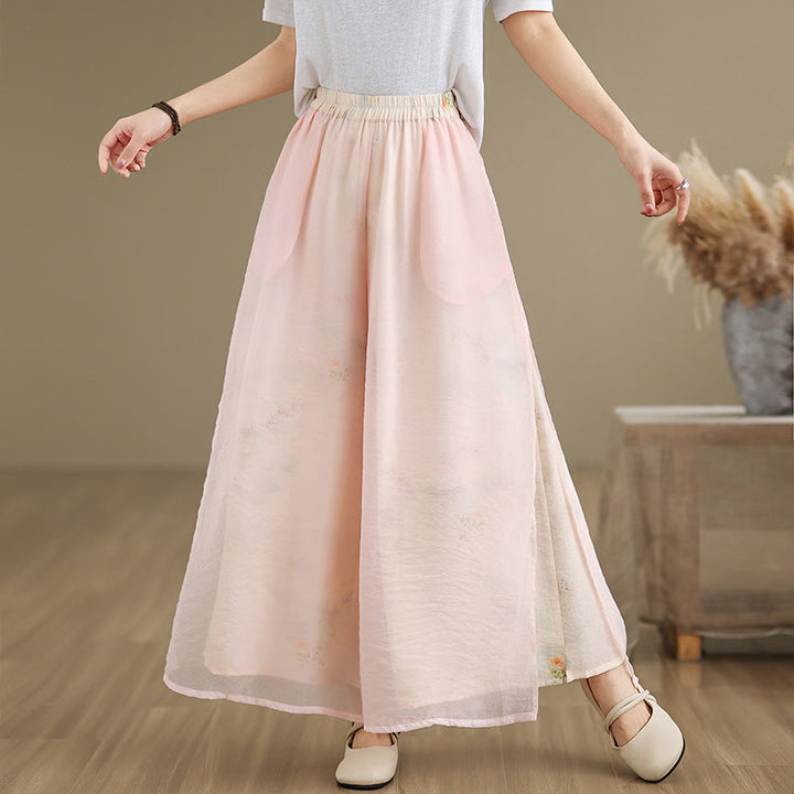 Buddha Stones Spring Vintage Printing Plant Pattern Double Layer Design Women's Cotton Wide Leg Pants With Pockets - Pink - US8-10，UK/AU12-14，EU40-42 (2XL) - image 10