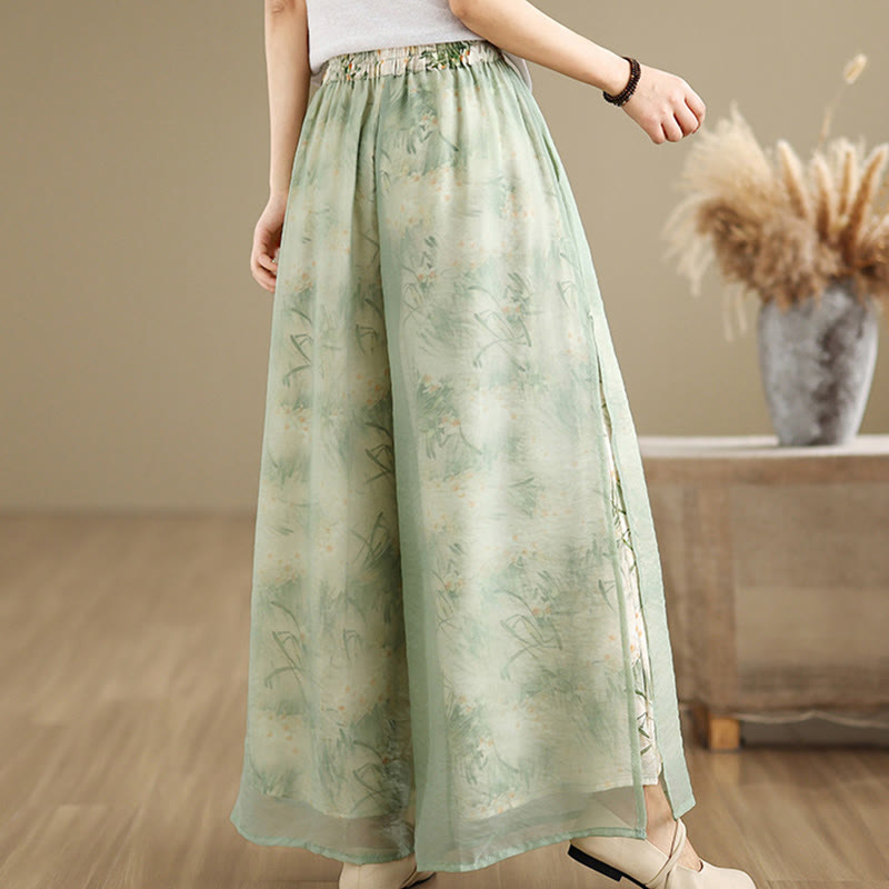 Buddha Stones Spring Vintage Printing Plant Pattern Double Layer Design Women's Cotton Wide Leg Pants With Pockets - image 5