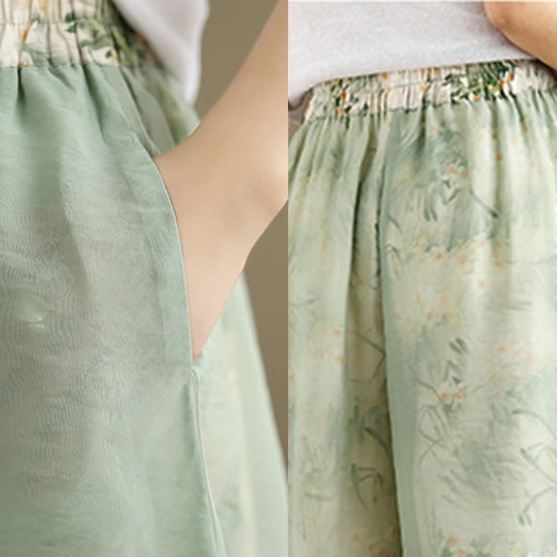 Buddha Stones Spring Vintage Printing Plant Pattern Double Layer Design Women's Cotton Wide Leg Pants With Pockets - image 8