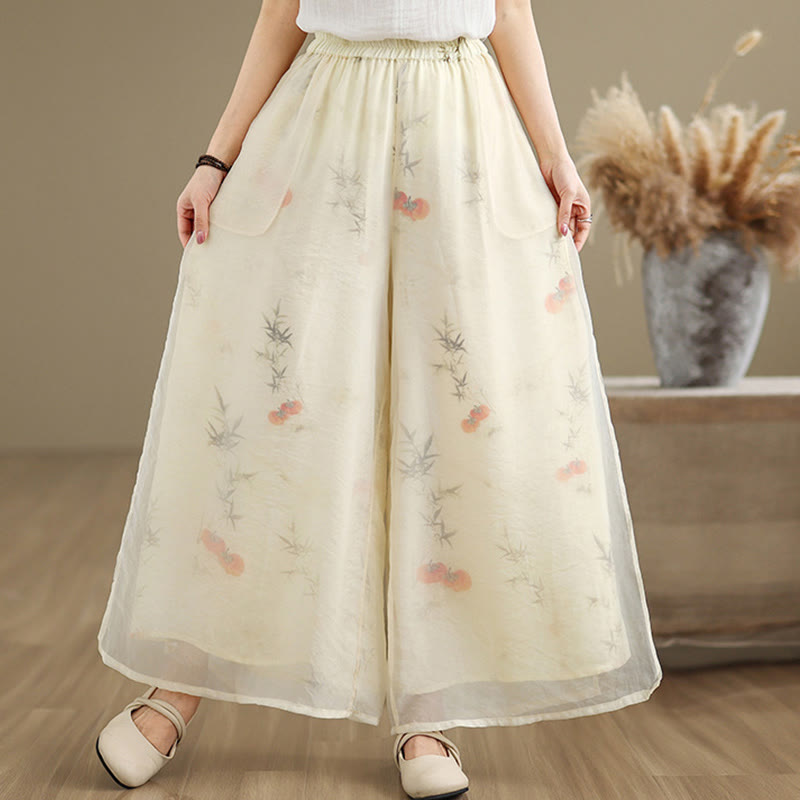 Buddha Stones Spring Vintage Printing Plant Pattern Double Layer Design Women's Cotton Wide Leg Pants With Pockets - LightYellow - US8-10，UK/AU12-14，EU40-42 (2XL) - image 19