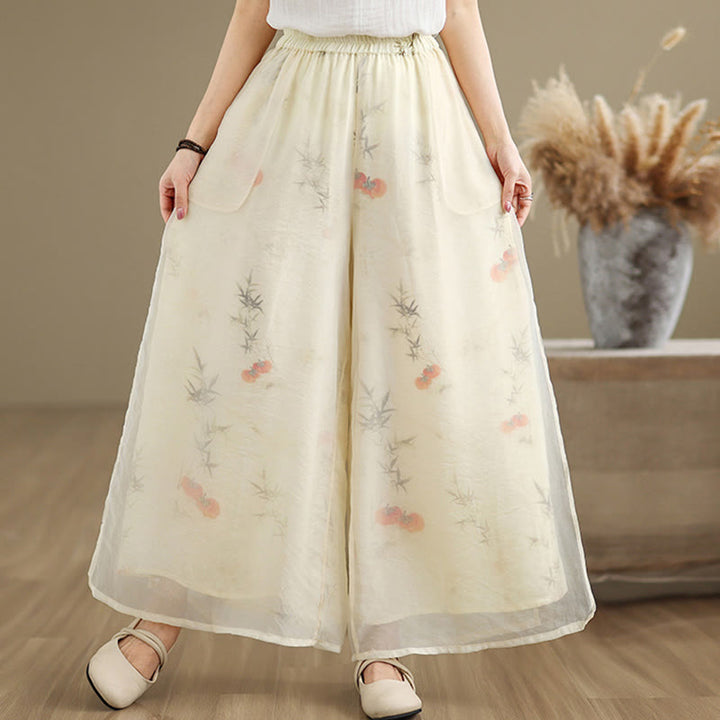 Buddha Stones Spring Vintage Printing Plant Pattern Double Layer Design Women's Cotton Wide Leg Pants With Pockets - LightYellow - US8-10，UK/AU12-14，EU40-42 (2XL) - image 19
