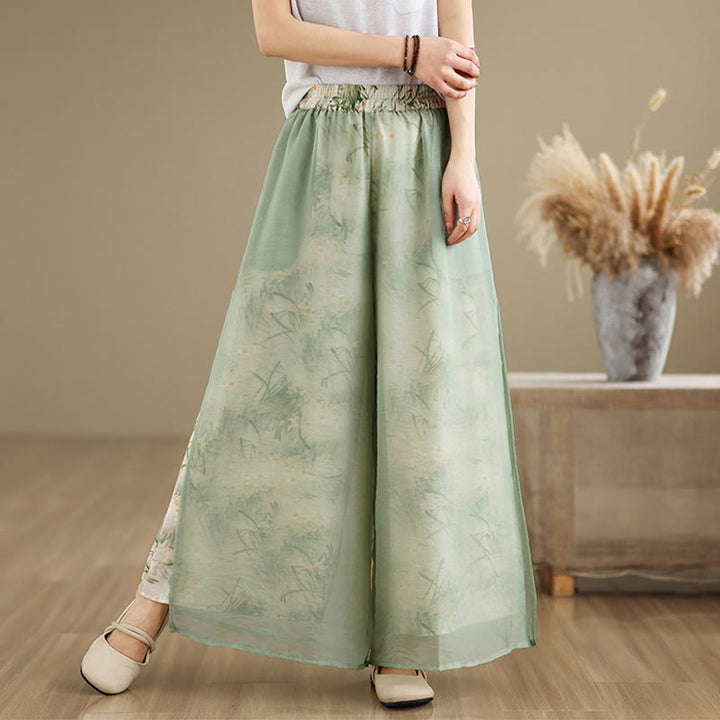 Buddha Stones Spring Vintage Printing Plant Pattern Double Layer Design Women's Cotton Wide Leg Pants With Pockets - image 1