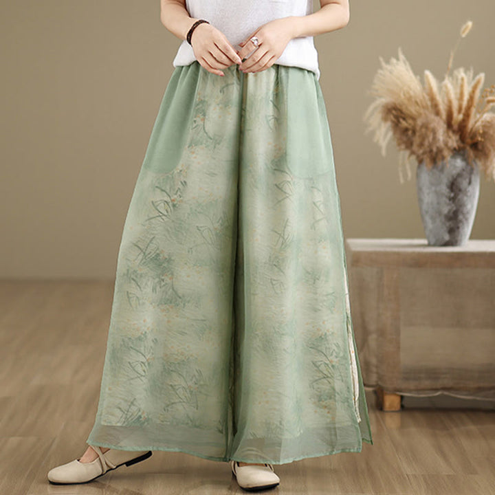 Buddha Stones Spring Vintage Printing Plant Pattern Double Layer Design Women's Cotton Wide Leg Pants With Pockets - image 4