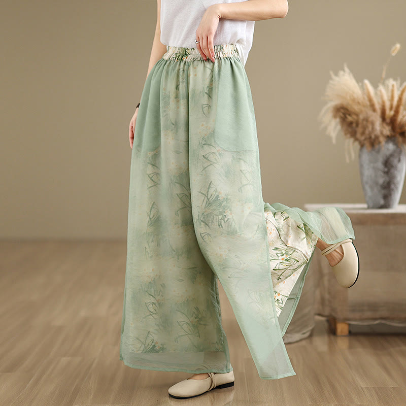 Buddha Stones Spring Vintage Printing Plant Pattern Double Layer Design Women's Cotton Wide Leg Pants With Pockets - image 6