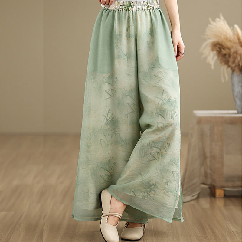 Buddha Stones Spring Vintage Printing Plant Pattern Double Layer Design Women's Cotton Wide Leg Pants With Pockets - image 3
