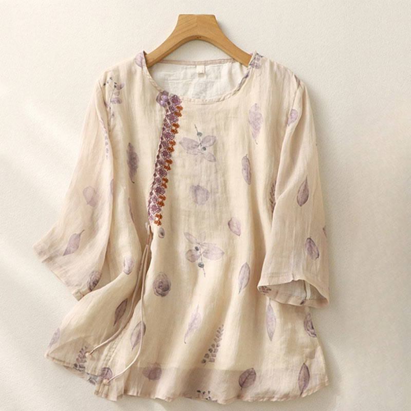 Buddha Stones Embroidery Design Leaves Women's Cotton Linen Three Quarter Sleeve Shirt - OldLace - US12，UK/AU16，EU44 (2XL) - image 0