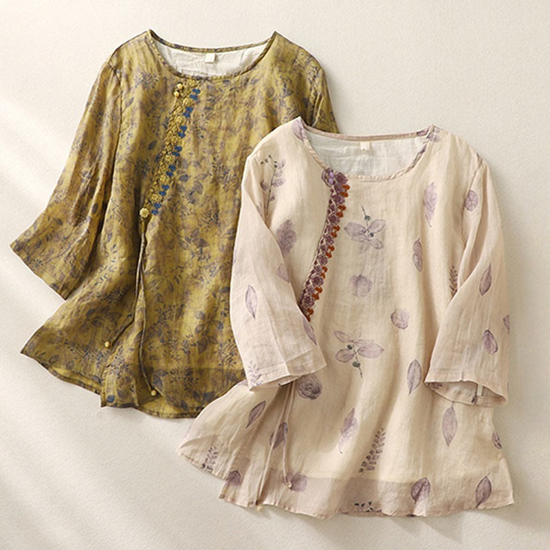 Buddha Stones Embroidery Design Leaves Women's Cotton Linen Three Quarter Sleeve Shirt - image 19