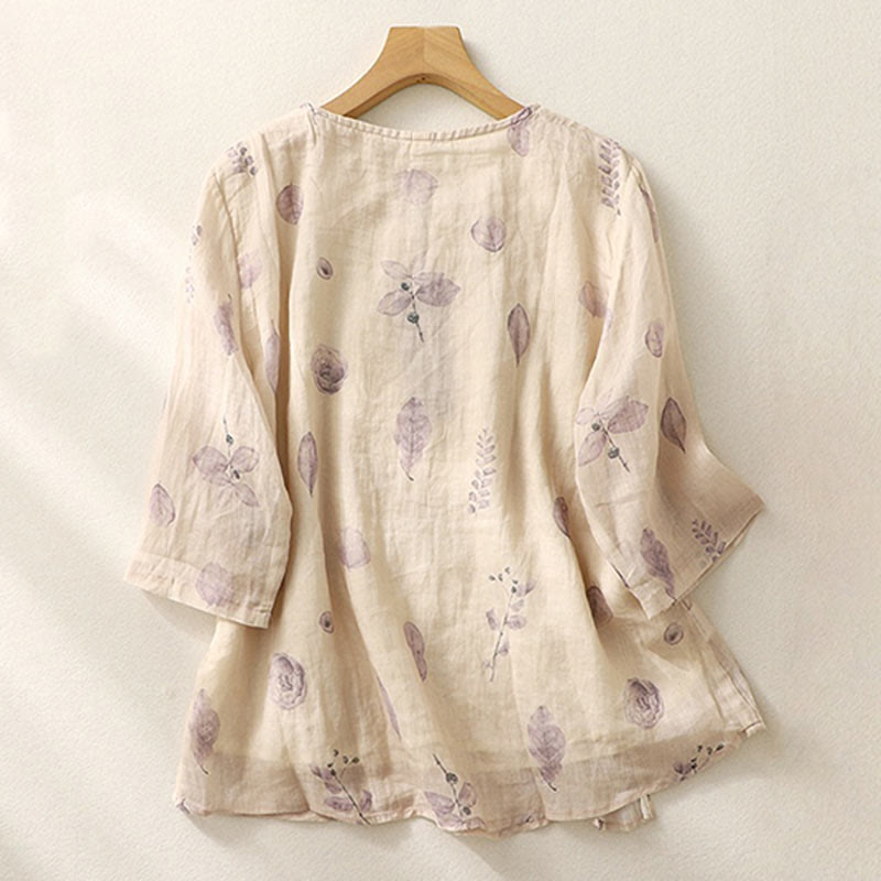 Buddha Stones Embroidery Design Leaves Women's Cotton Linen Three Quarter Sleeve Shirt - image 2