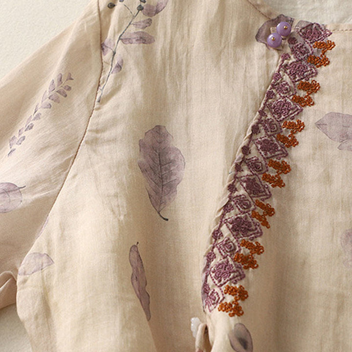 Buddha Stones Embroidery Design Leaves Women's Cotton Linen Three Quarter Sleeve Shirt - image 7