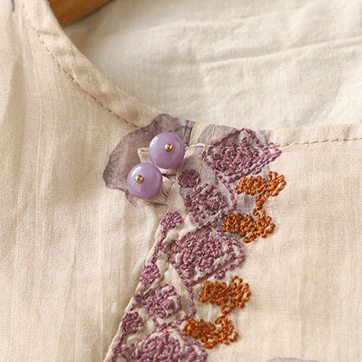 Buddha Stones Embroidery Design Leaves Women's Cotton Linen Three Quarter Sleeve Shirt - image 5