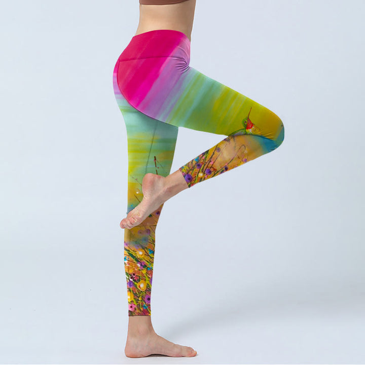 Buddha Stones Blooming Flower Bird Pattern Print Gym Leggings Women's Yoga Pants - image 4