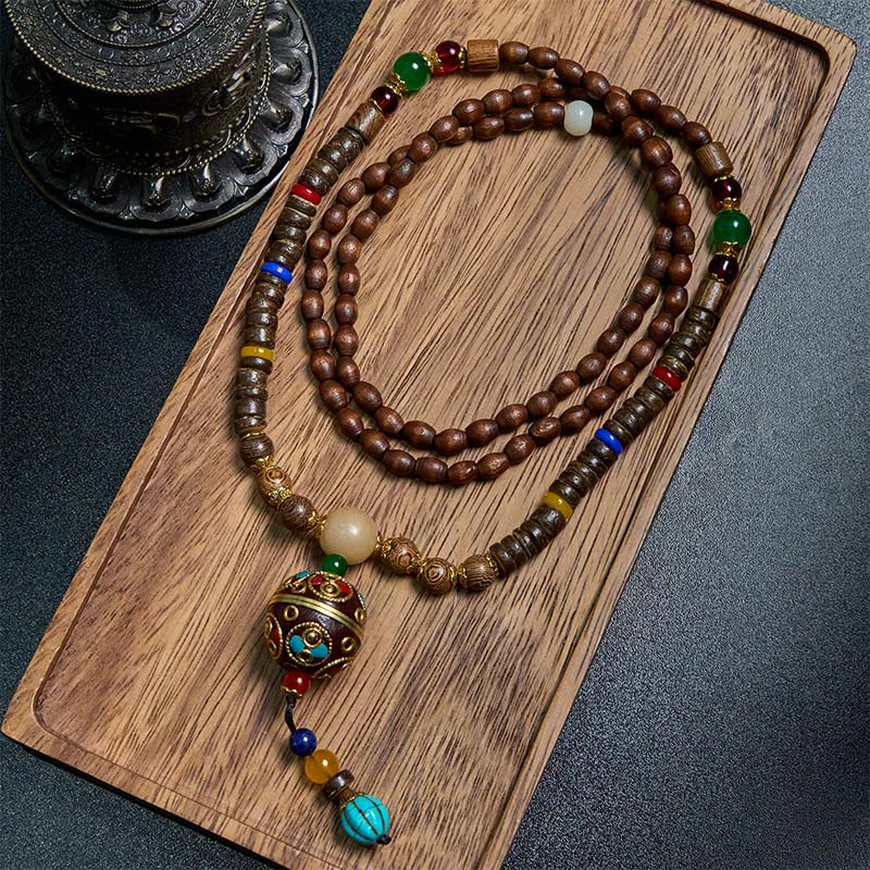 Buddha Stones Tibetan Handmade Coconut Shell Schima Wood Great Bright Mantra Copper Bead Balance Necklace Pendant - Schima Wood&Copper Bead - image 7