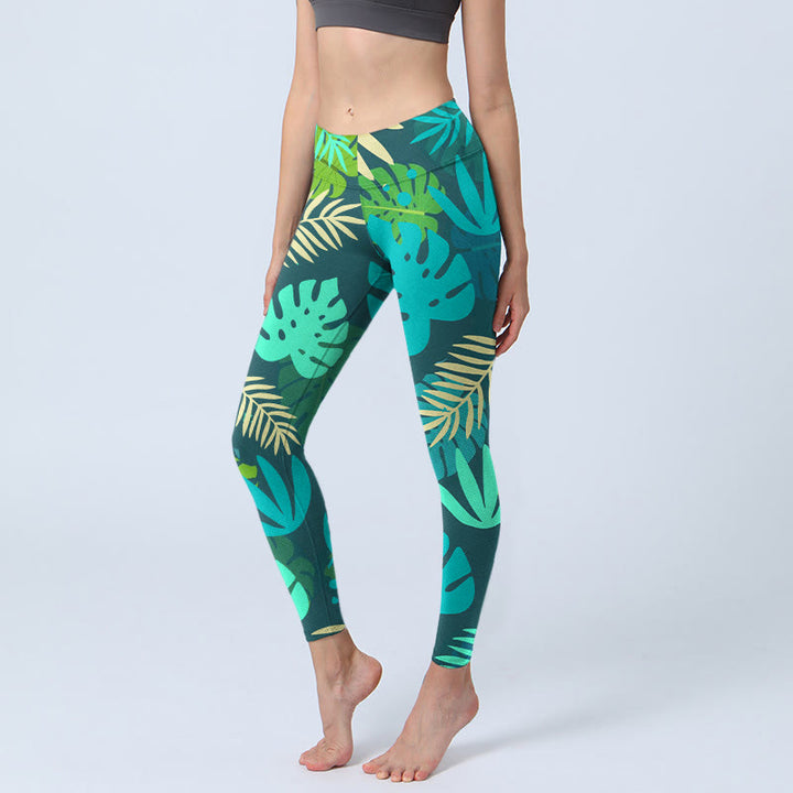 Buddha Stones Various Shapes Of Leaves Pattern Print Gym Leggings Women's Yoga Pants - DarkGreen - US18，UK/AU22，EU50 (4XL) - image 0