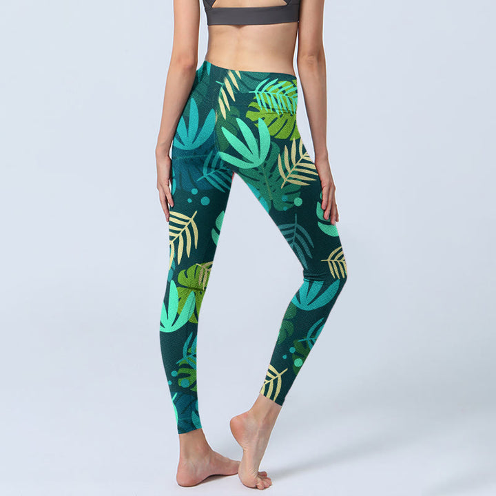 Buddha Stones Various Shapes Of Leaves Pattern Print Gym Leggings Women's Yoga Pants - image 3