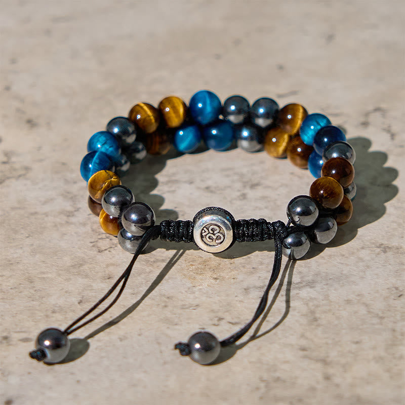 Buddha Stones Natural Blue Tiger Eye Black Magnetite Om Pattern Double Row Beads Strength Bracelet