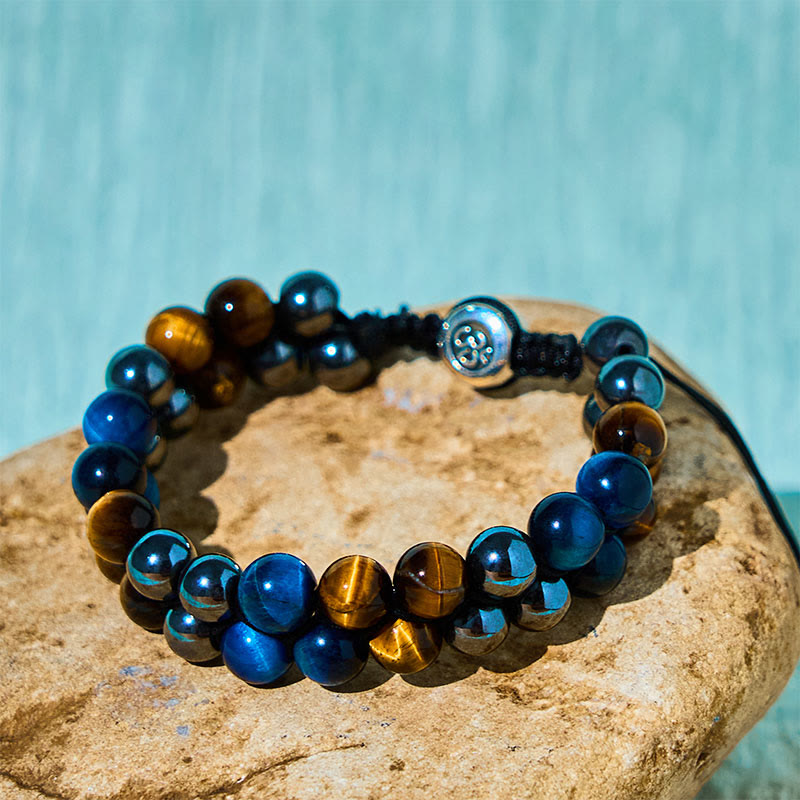 Buddha Stones Natural Blue Tiger Eye Black Magnetite Om Pattern Double Row Beads Strength Bracelet
