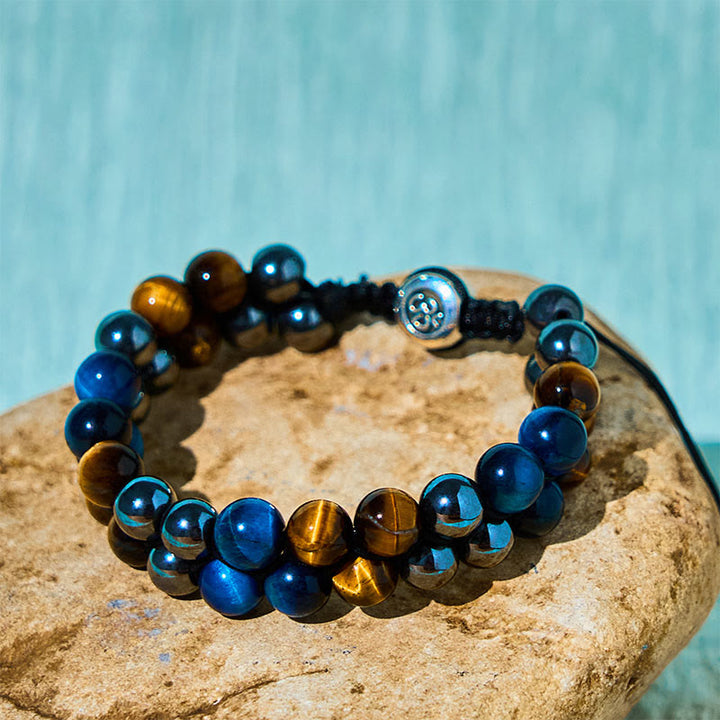 Buddha Stones Natural Blue Tiger Eye Black Magnetite Om Pattern Double Row Beads Strength Bracelet