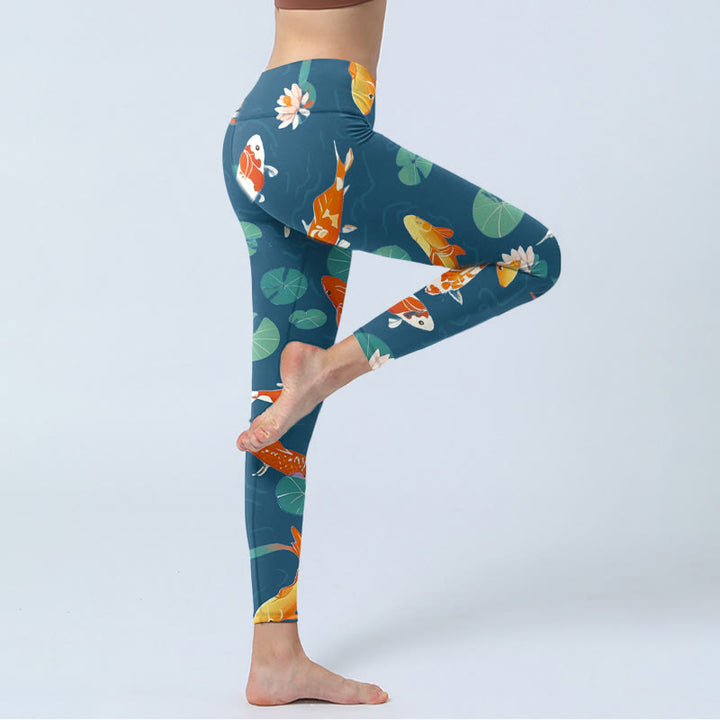 Buddha Stones Koi Fish Lotus Flower Lotus Leaves Pattern Print Gym Leggings Women's Yoga Pants - image 4