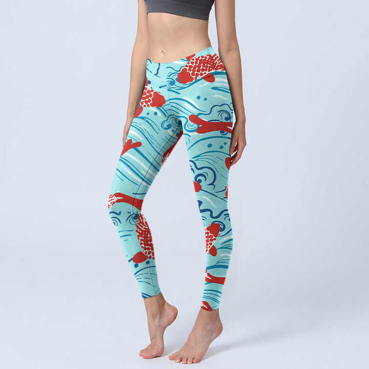 Buddha Stones Koi Fish Wave Pattern Print Gym Leggings Women's Yoga Pants - Cyan - US18，UK/AU22，EU50 (4XL) - image 0