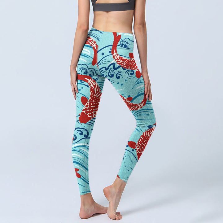 Buddha Stones Koi Fish Wave Pattern Print Gym Leggings Women's Yoga Pants - image 3