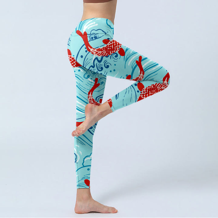 Buddha Stones Koi Fish Wave Pattern Print Gym Leggings Women's Yoga Pants - image 5