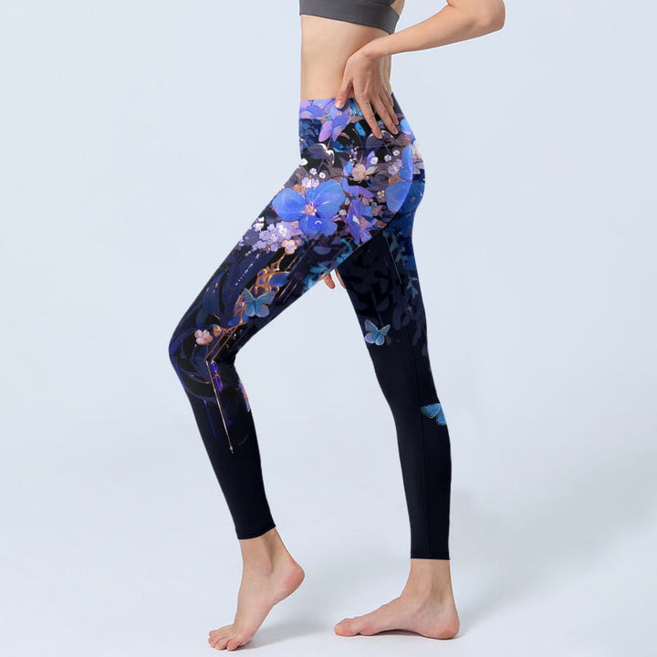 Buddha Stones Purple Flower Butterfly Pattern Print Gym Leggings Women's Yoga Pants - image 2