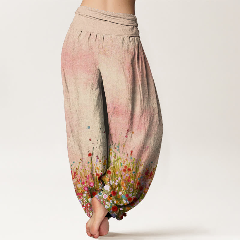 Buddha Stones Cotton Casual Colorful Wildflower Field Pattern Women's Elastic Waist Harem Pants - image 1