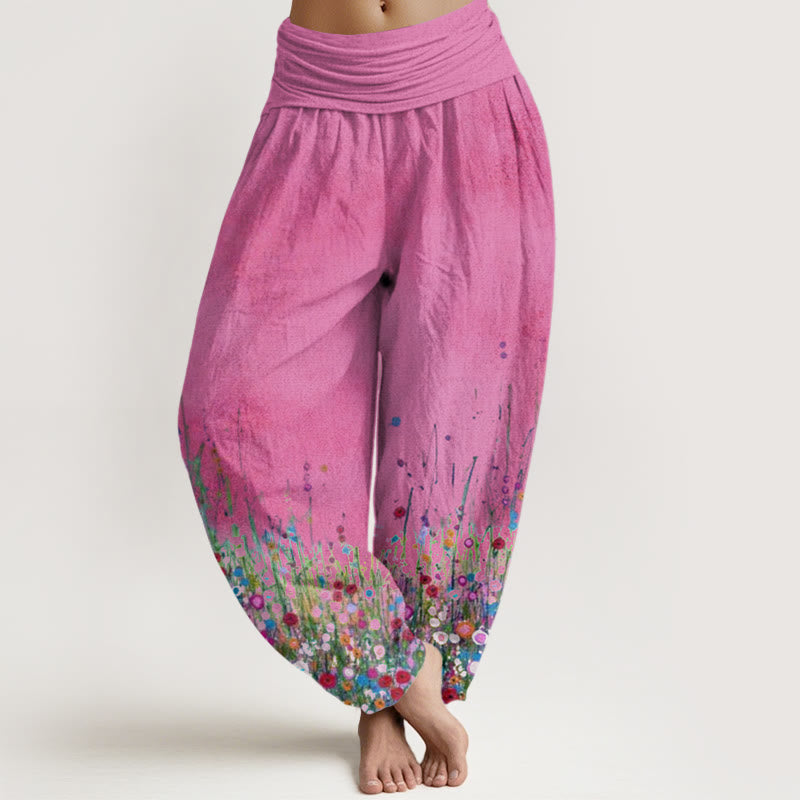 Buddha Stones Cotton Casual Colorful Wildflower Field Pattern Women's Elastic Waist Harem Pants - DeepPink - US22，UK/AU26，EU54 (6XL) - image 7