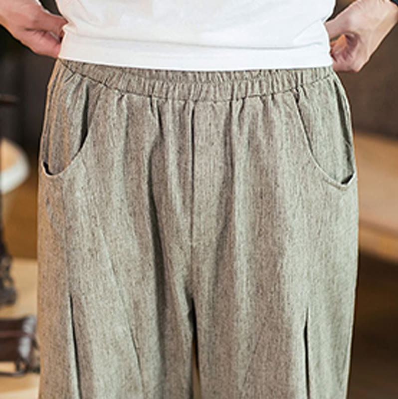 Buddha Stones Casual Solid Color Drawstring Men's Elastic Waistband Cotton Linen Pants With Pockets