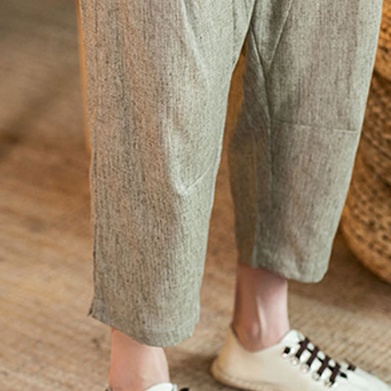 Buddha Stones Casual Solid Color Drawstring Men's Elastic Waistband Cotton Linen Pants With Pockets