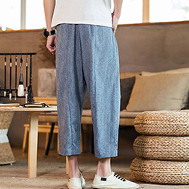 Buddha Stones Casual Solid Color Drawstring Men's Elastic Waistband Cotton Linen Pants With Pockets