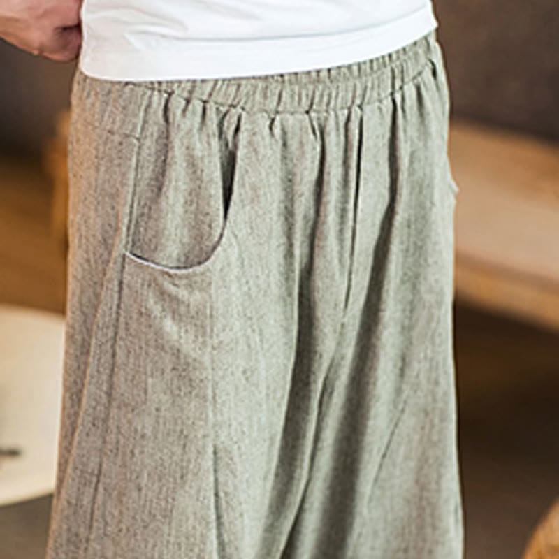 Buddha Stones Casual Solid Color Drawstring Men's Elastic Waistband Cotton Linen Pants With Pockets