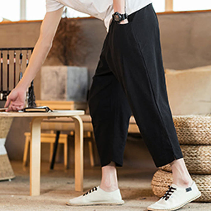 Buddha Stones Casual Solid Color Drawstring Men's Elastic Waistband Cotton Linen Pants With Pockets
