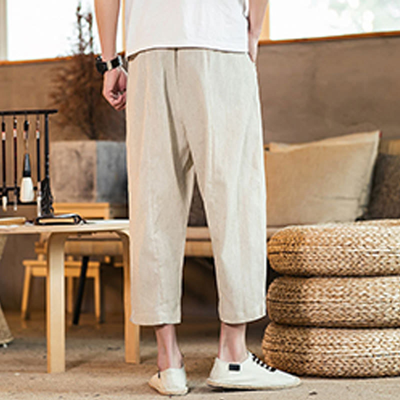 Buddha Stones Casual Solid Color Drawstring Men's Elastic Waistband Cotton Linen Pants With Pockets