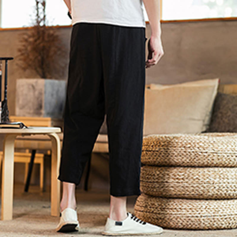 Buddha Stones Casual Solid Color Drawstring Men's Elastic Waistband Cotton Linen Pants With Pockets