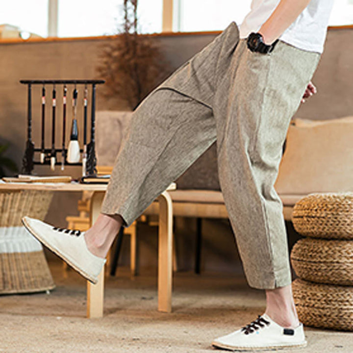Buddha Stones Casual Solid Color Drawstring Men's Elastic Waistband Cotton Linen Pants With Pockets
